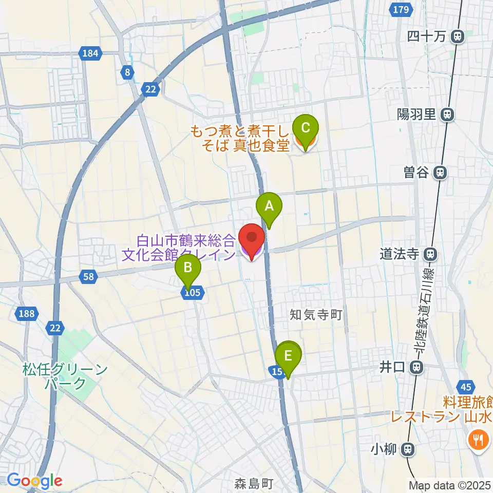 白山市鶴来総合文化会館クレイン周辺のファミレス・ファーストフード一覧地図