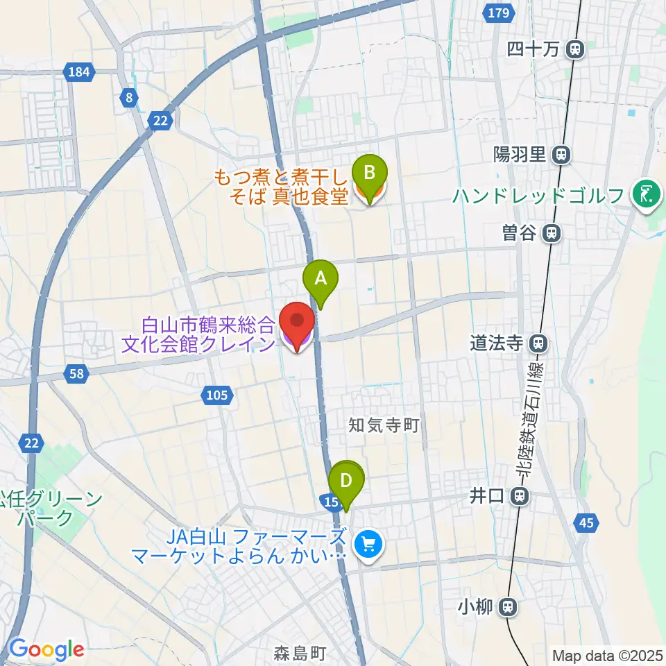 白山市鶴来総合文化会館クレイン周辺のファミレス・ファーストフード一覧地図
