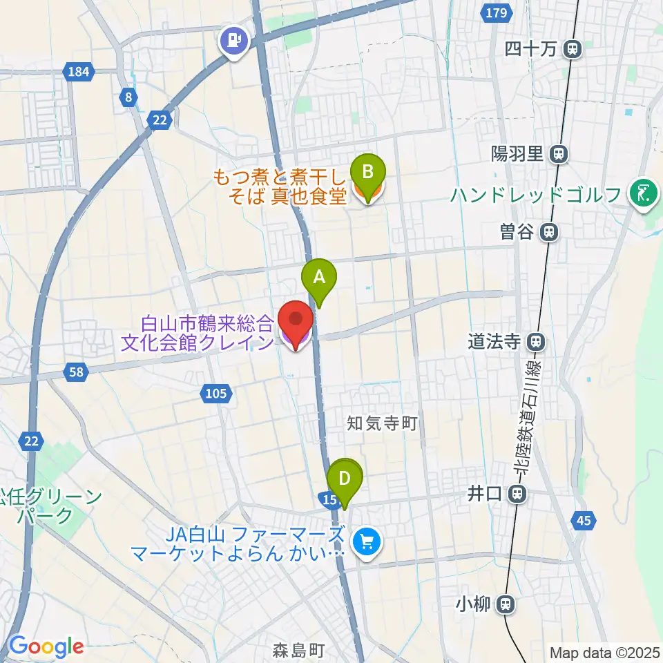 白山市鶴来総合文化会館クレイン周辺のファミレス・ファーストフード一覧地図