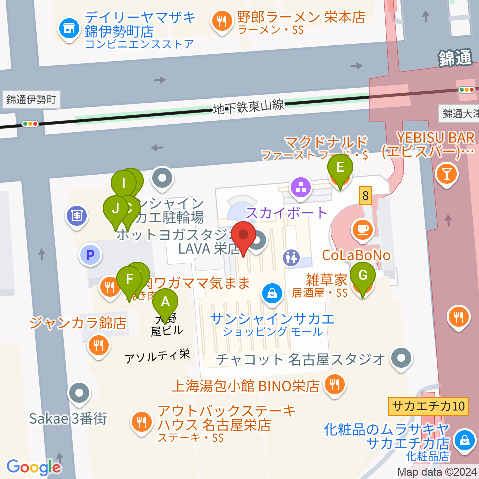 SKE48劇場周辺のファミレス・ファーストフード一覧地図