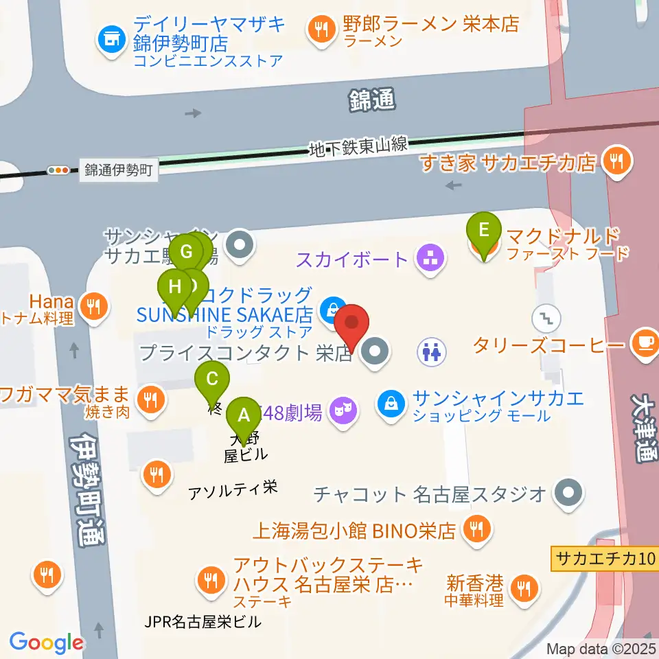 SKE48劇場周辺のファミレス・ファーストフード一覧地図