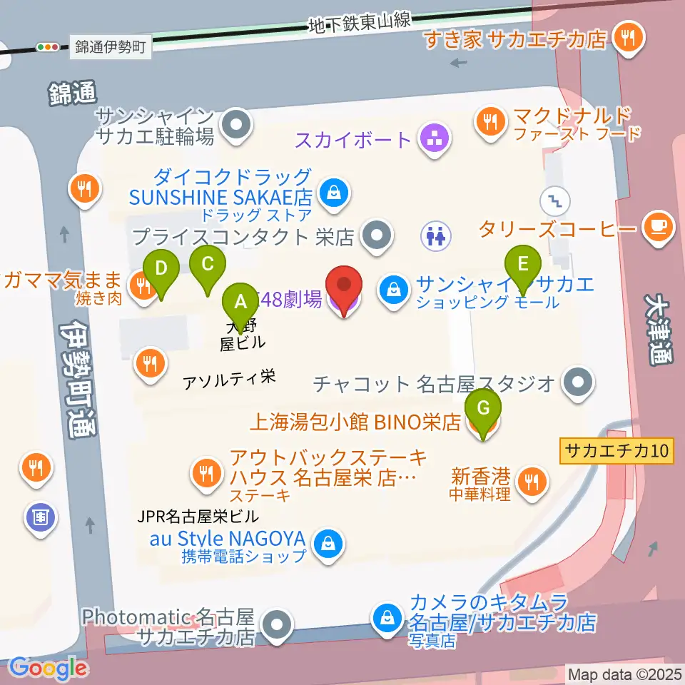 SKE48劇場周辺のファミレス・ファーストフード一覧地図