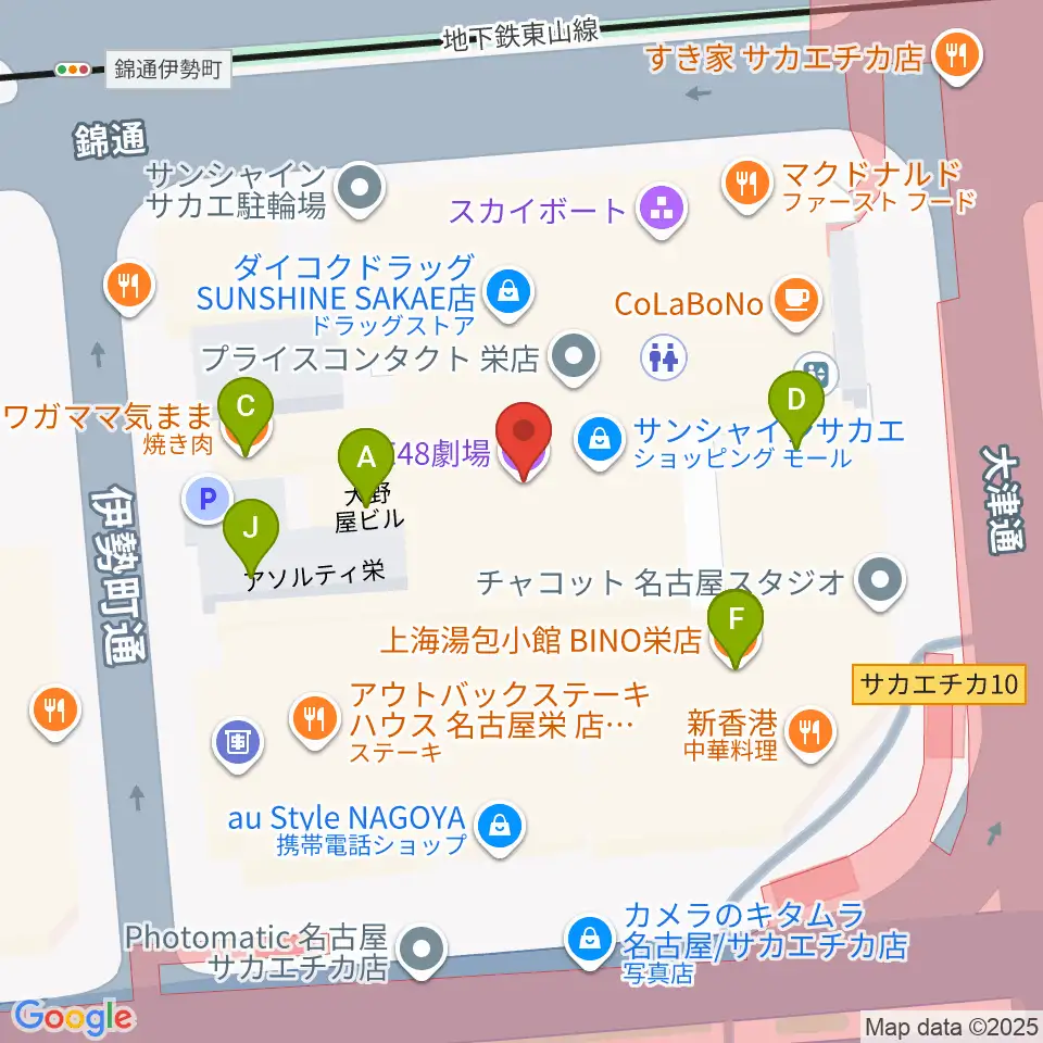 SKE48劇場周辺のファミレス・ファーストフード一覧地図