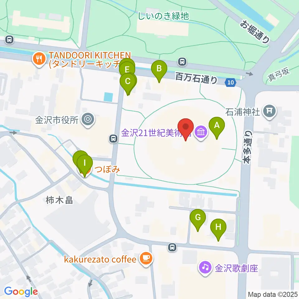 金沢21世紀美術館周辺のファミレス・ファーストフード一覧地図