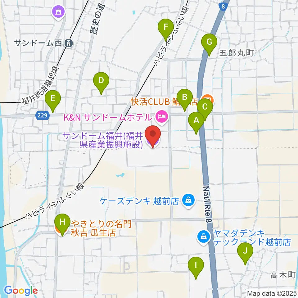 サンドーム福井周辺のファミレス・ファーストフード一覧地図