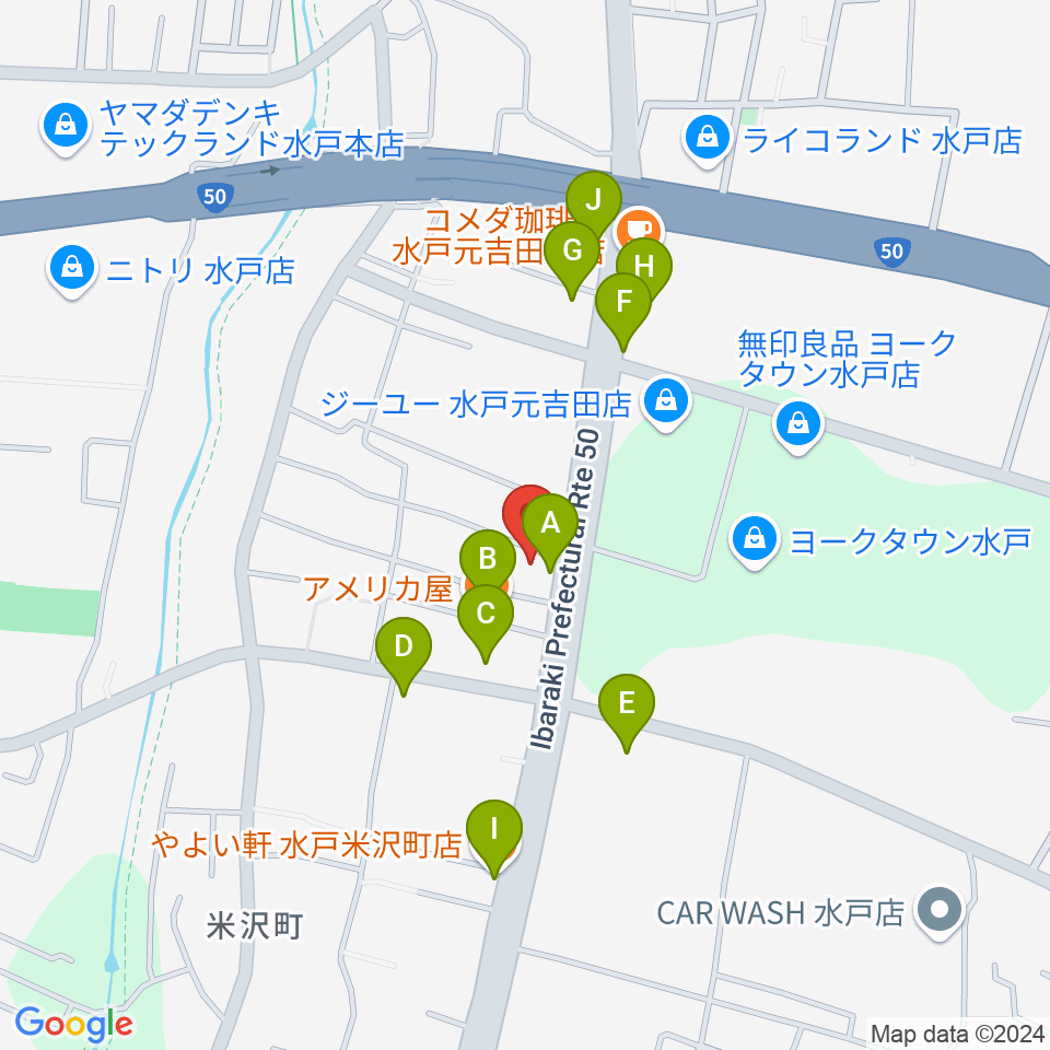 水戸90EAST周辺のファミレス・ファーストフード一覧地図