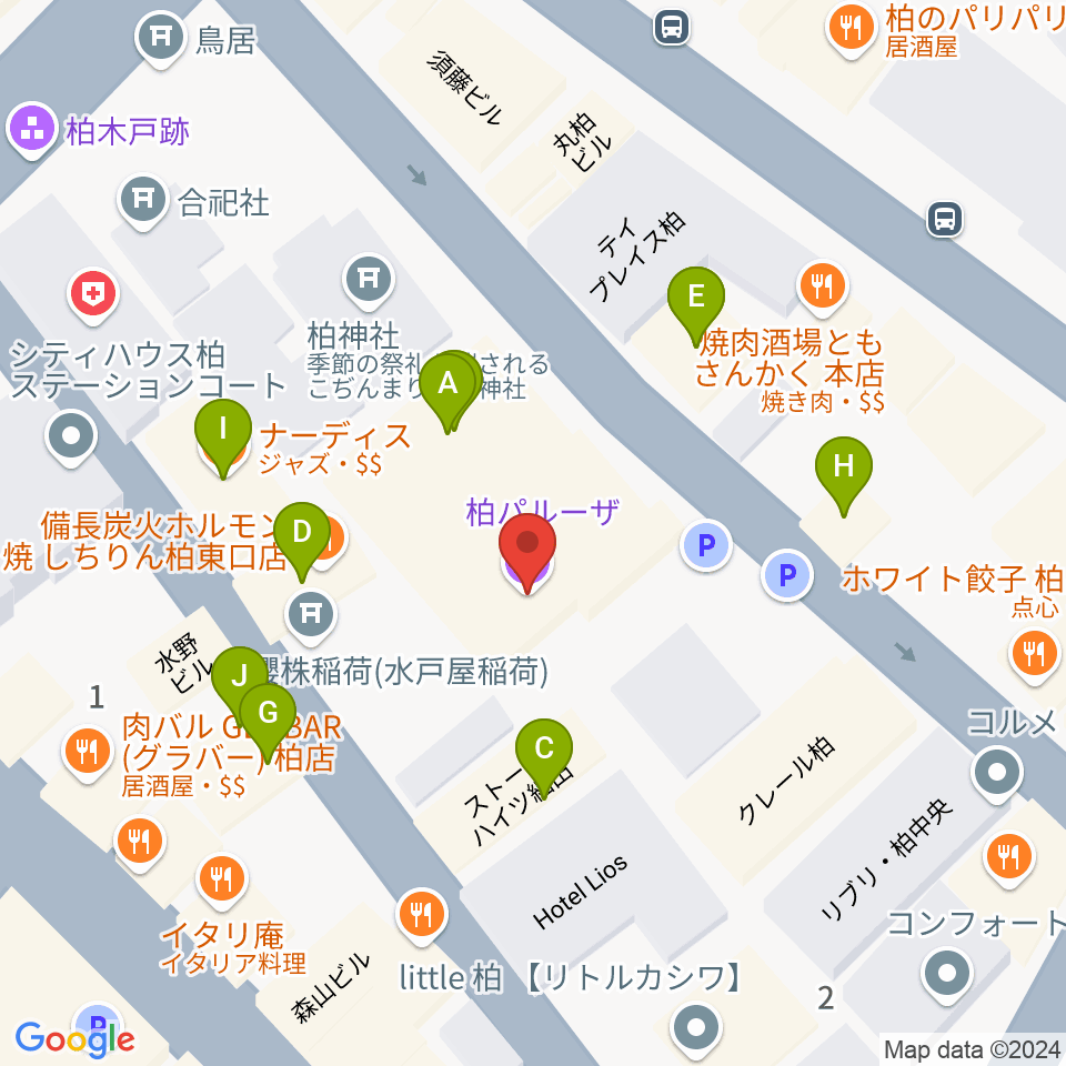 柏PALOOZA周辺のファミレス・ファーストフード一覧地図