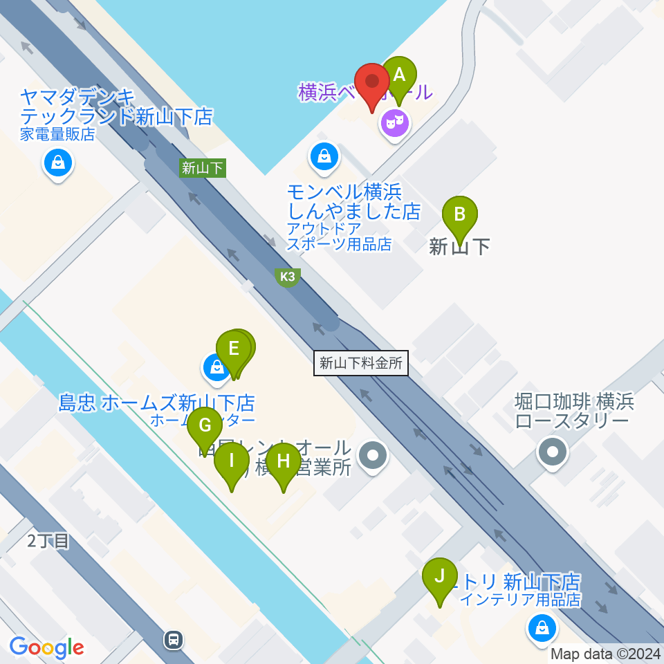 横浜ベイホール周辺のファミレス・ファーストフード一覧地図