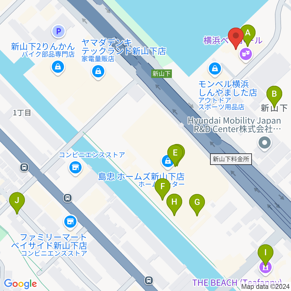 横浜ベイホール周辺のファミレス・ファーストフード一覧地図