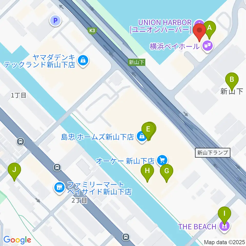 横浜ベイホール周辺のファミレス・ファーストフード一覧地図