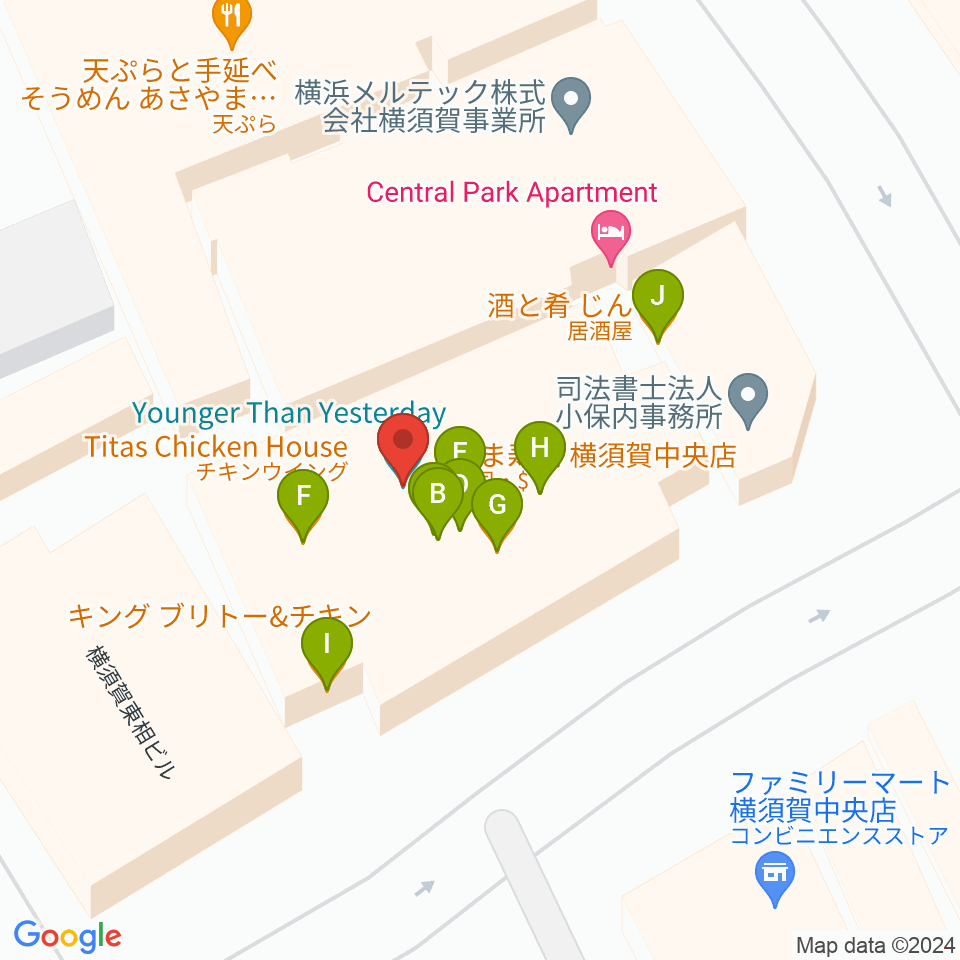 横須賀ヤンガーザンイエスタディ周辺のファミレス・ファーストフード一覧地図