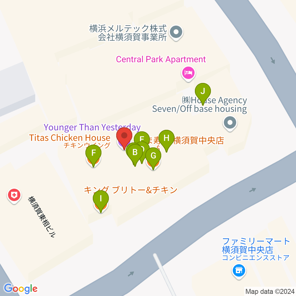 横須賀ヤンガーザンイエスタディ周辺のファミレス・ファーストフード一覧地図