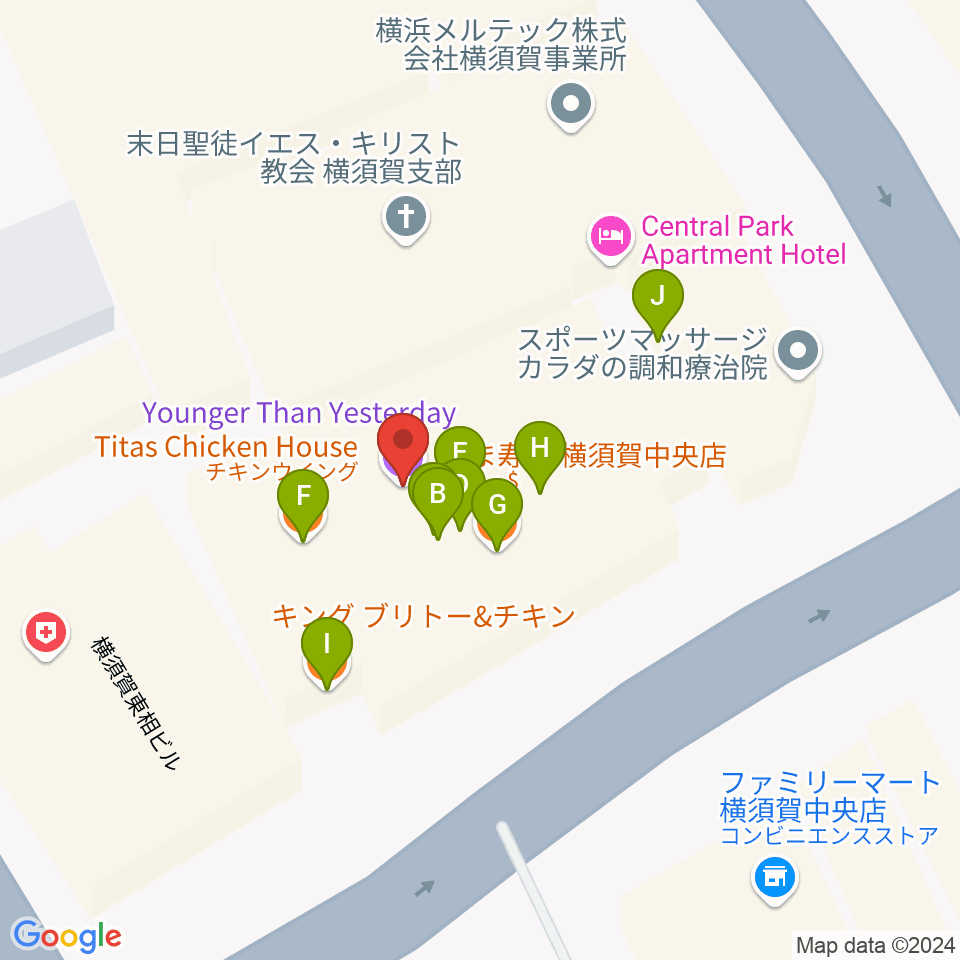 横須賀ヤンガーザンイエスタディ周辺のファミレス・ファーストフード一覧地図