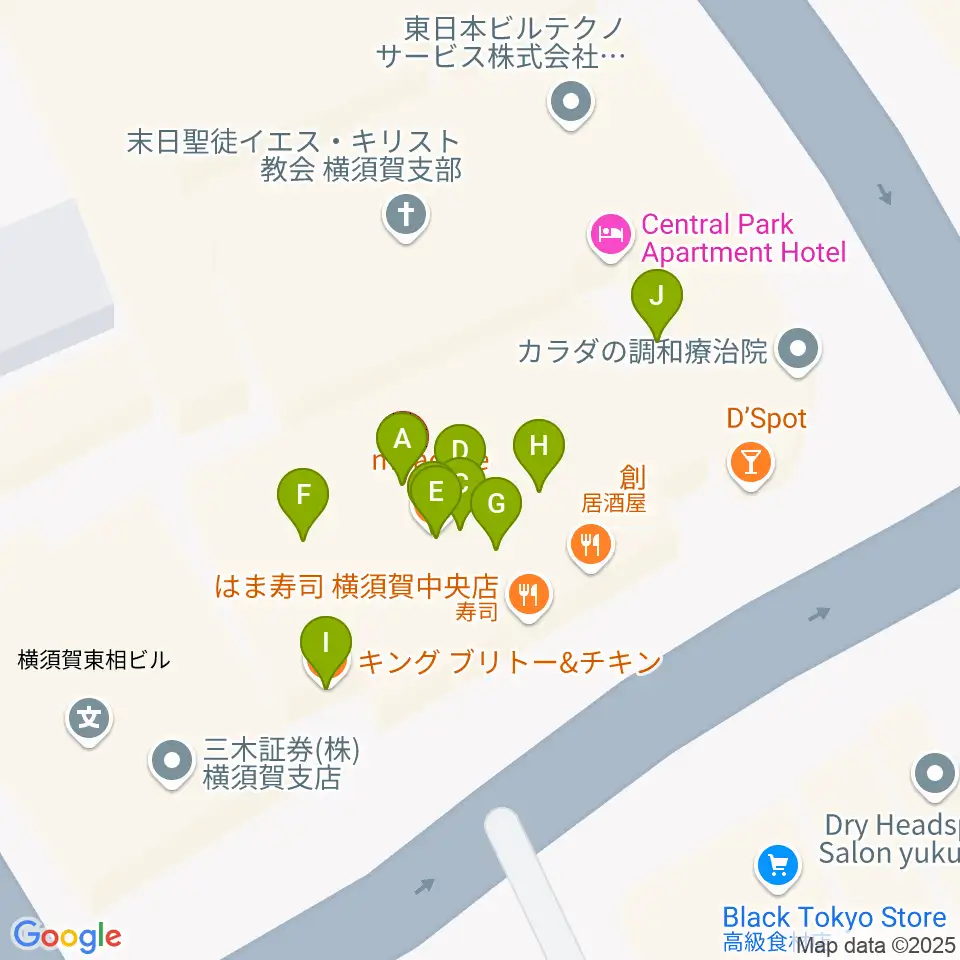 横須賀ヤンガーザンイエスタディ周辺のファミレス・ファーストフード一覧地図