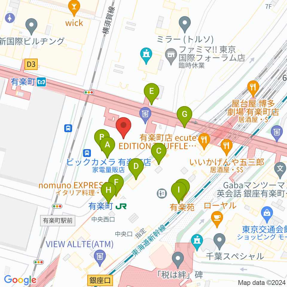 有楽町よみうりホール周辺のファミレス・ファーストフード一覧地図