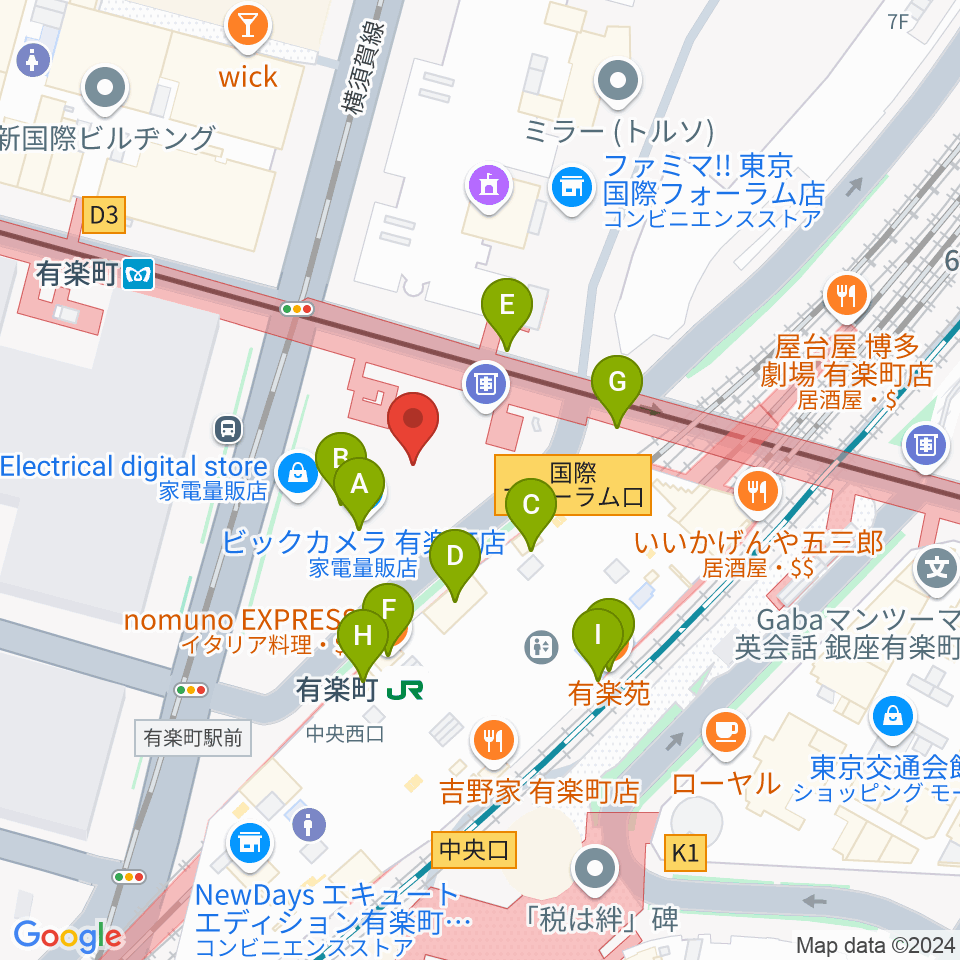 有楽町よみうりホール周辺のファミレス・ファーストフード一覧地図