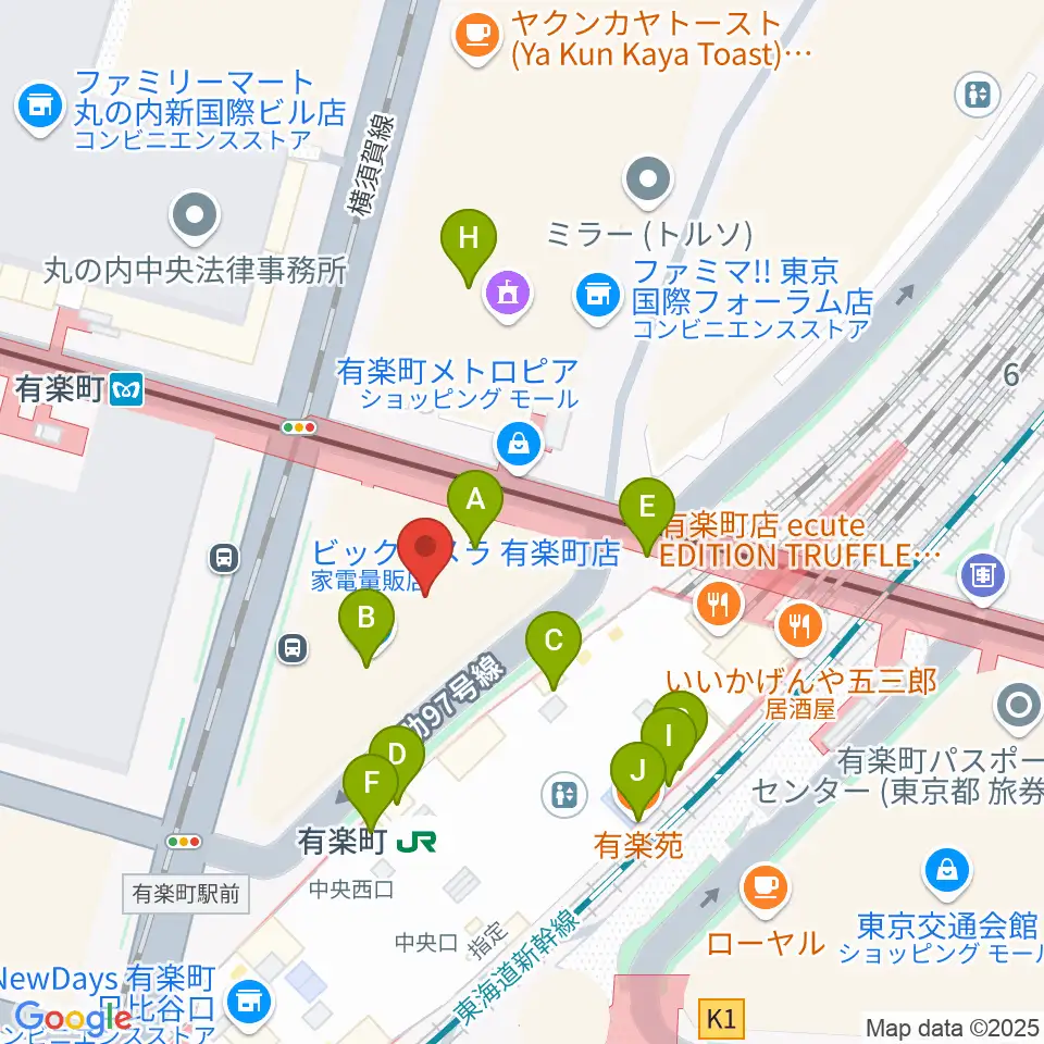 有楽町よみうりホール周辺のファミレス・ファーストフード一覧地図