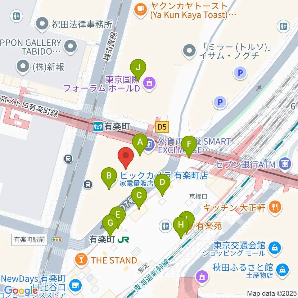 有楽町よみうりホール周辺のファミレス・ファーストフード一覧地図
