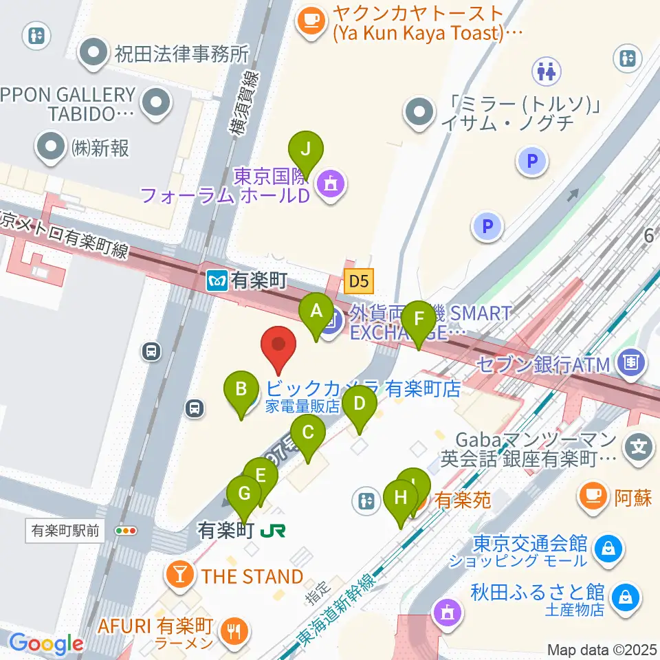 有楽町よみうりホール周辺のファミレス・ファーストフード一覧地図