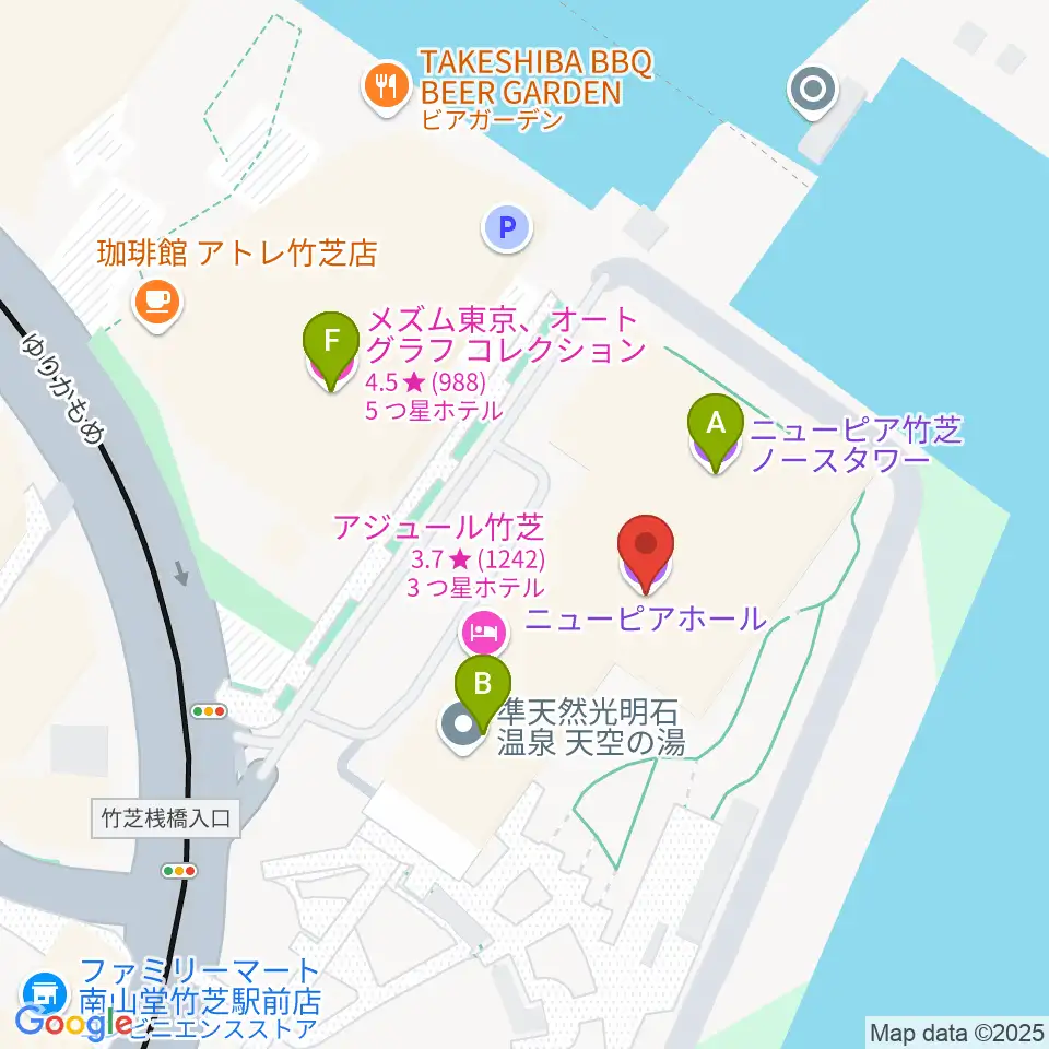 ニューピアホール周辺のファミレス・ファーストフード一覧地図