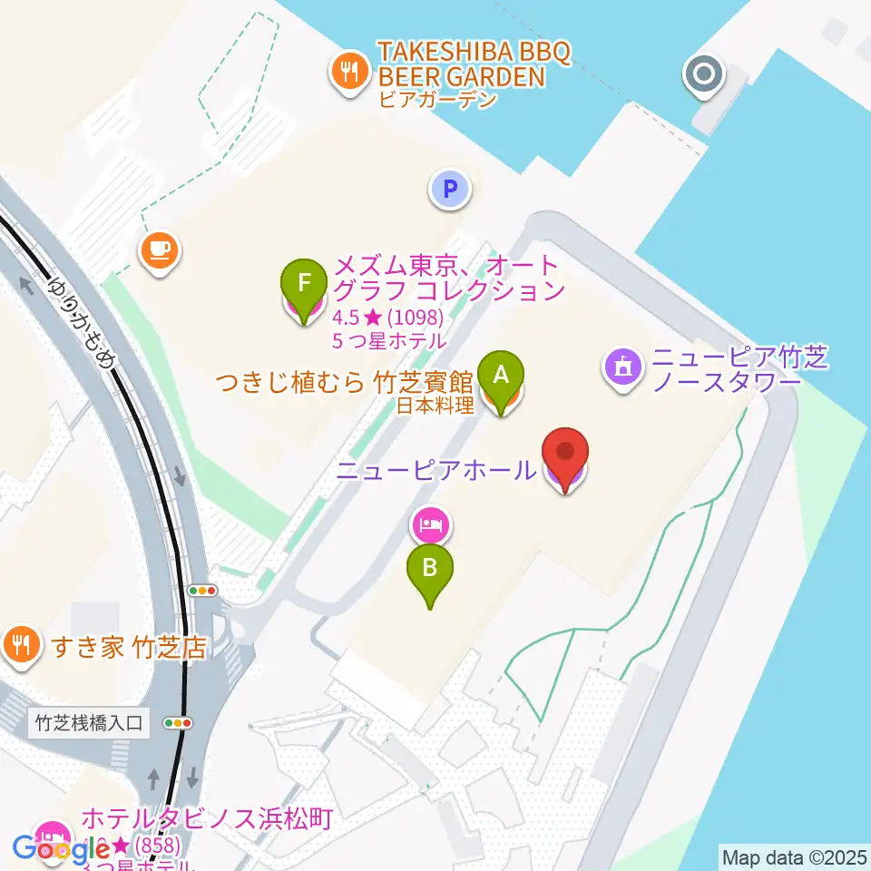 ニューピアホール周辺のファミレス・ファーストフード一覧地図