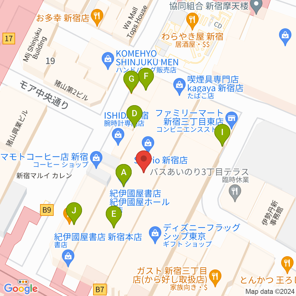 紀伊國屋ホール周辺のファミレス・ファーストフード一覧地図