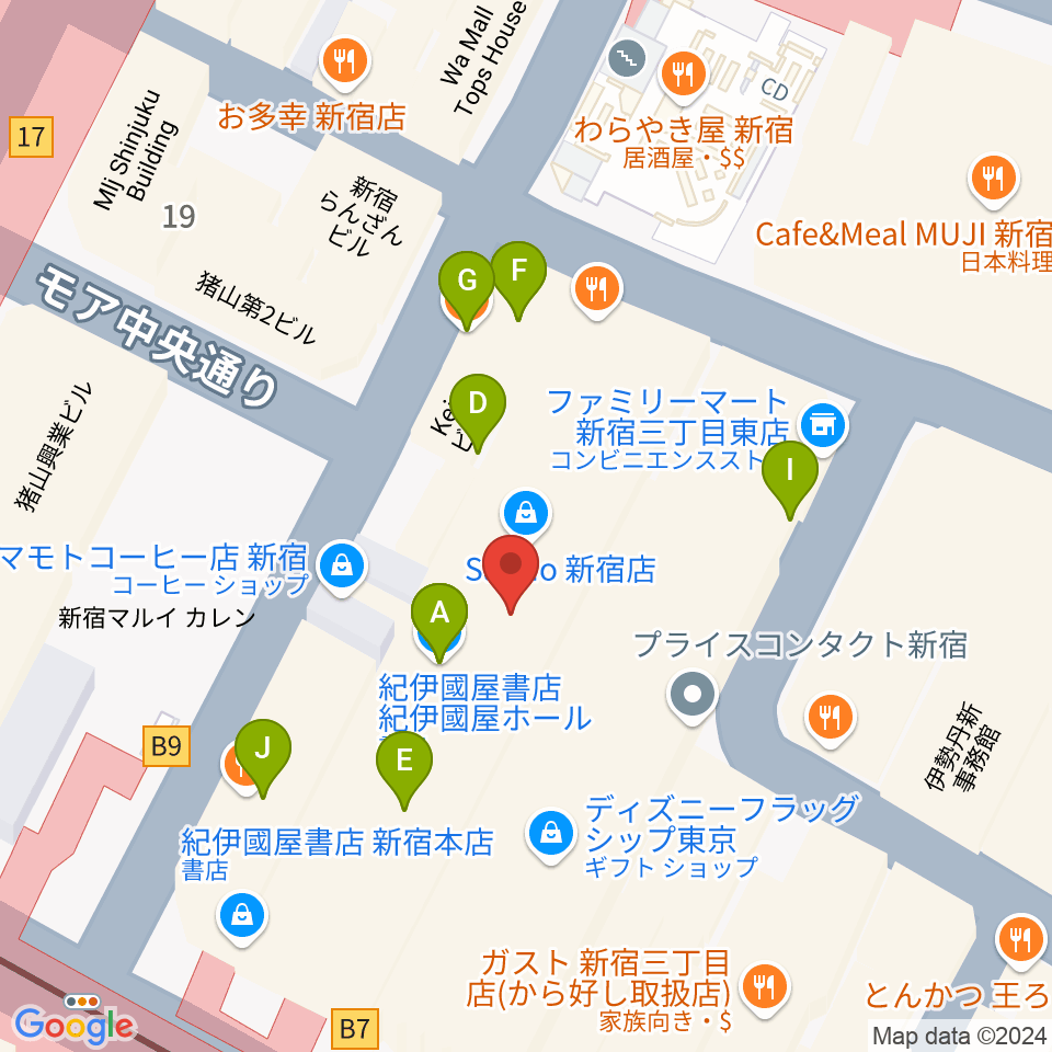 紀伊國屋ホール周辺のファミレス・ファーストフード一覧地図