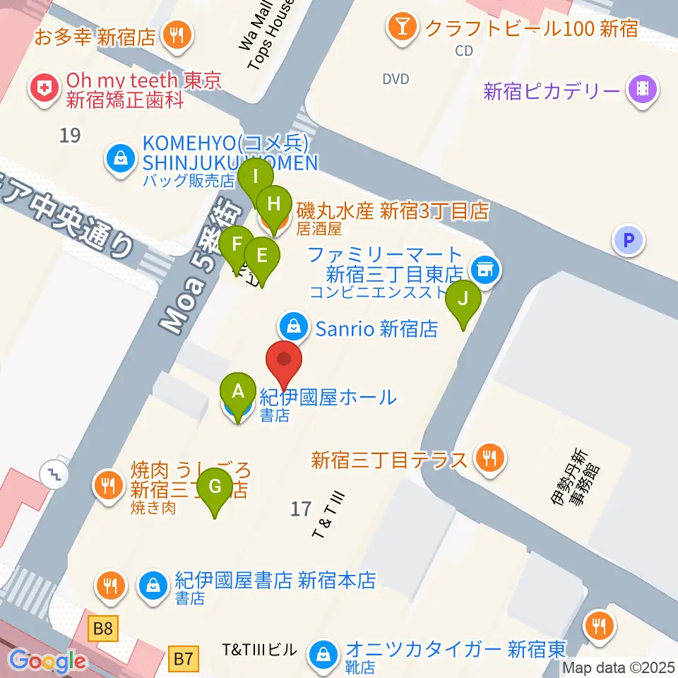 紀伊國屋ホール周辺のファミレス・ファーストフード一覧地図