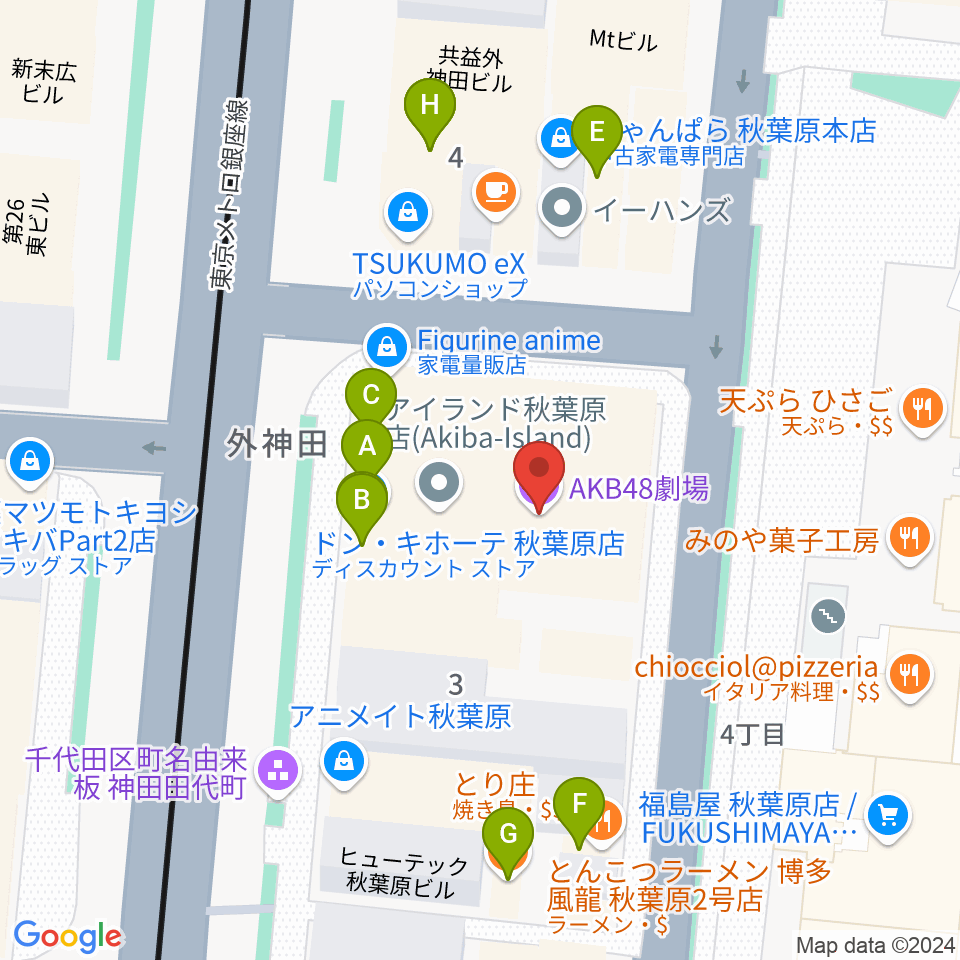 AKB48劇場周辺のファミレス・ファーストフード一覧地図