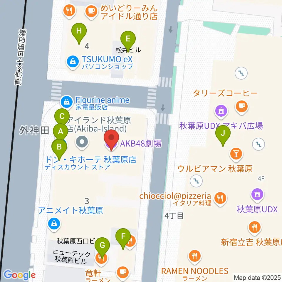 AKB48劇場周辺のファミレス・ファーストフード一覧地図