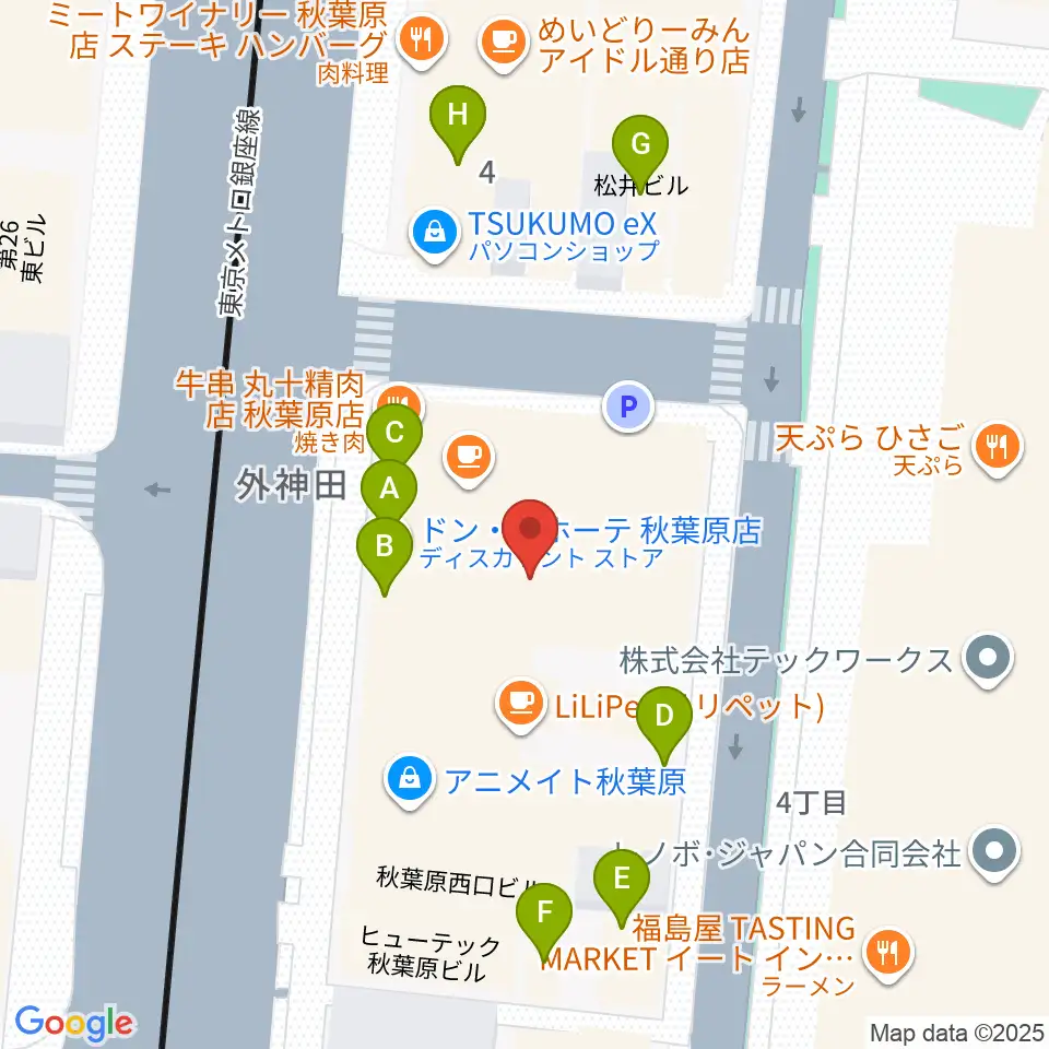 AKB48劇場周辺のファミレス・ファーストフード一覧地図