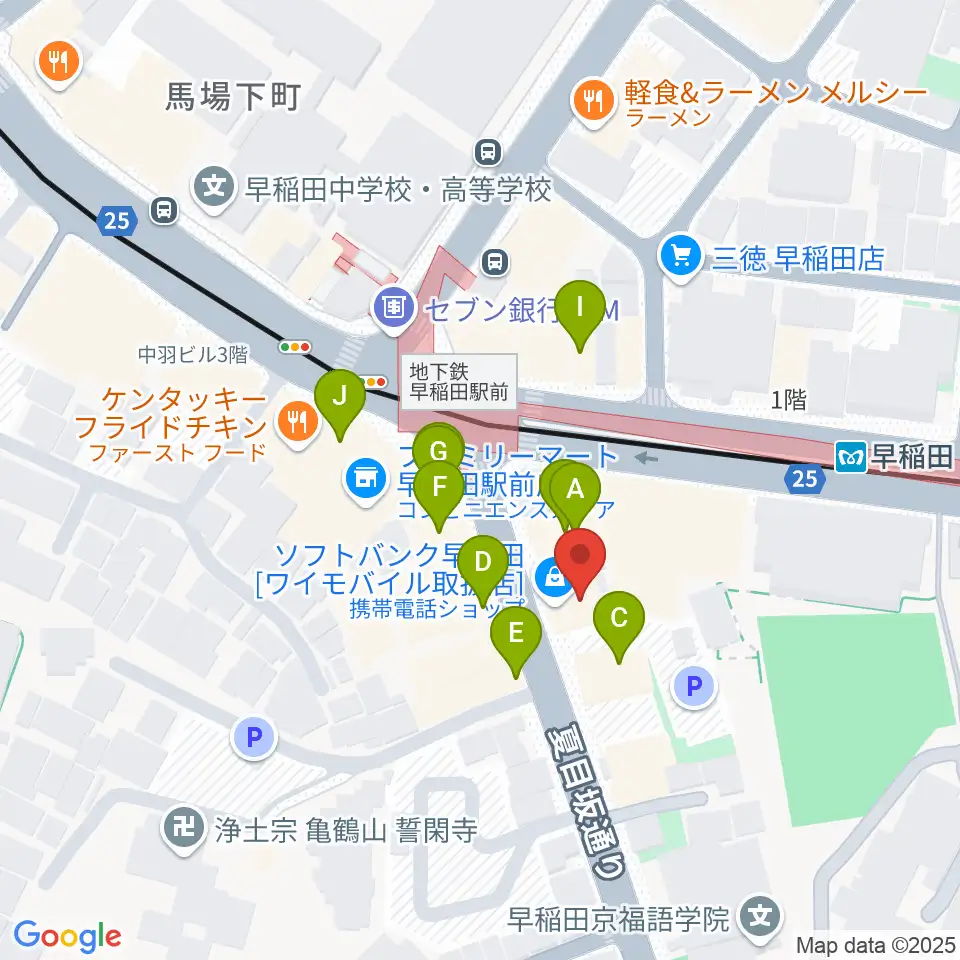 早稲田ZONE-B周辺のファミレス・ファーストフード一覧地図