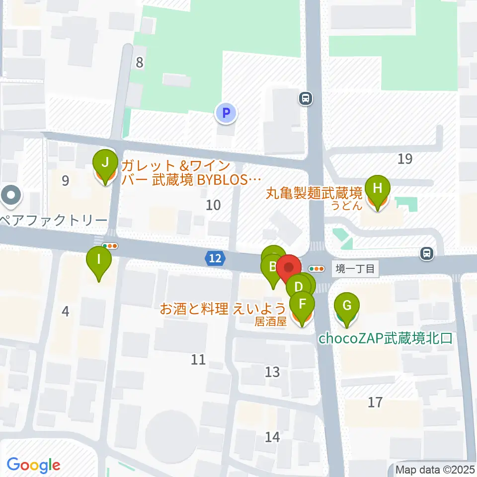 武蔵境スタット周辺のファミレス・ファーストフード一覧地図