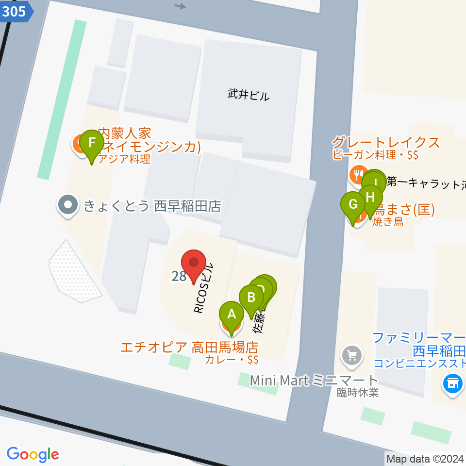 高田馬場JETROBOT周辺のファミレス・ファーストフード一覧地図