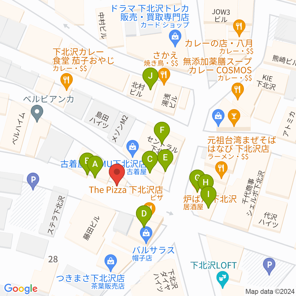 下北沢lete周辺のファミレス・ファーストフード一覧地図