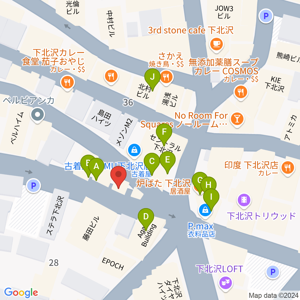 下北沢lete周辺のファミレス・ファーストフード一覧地図