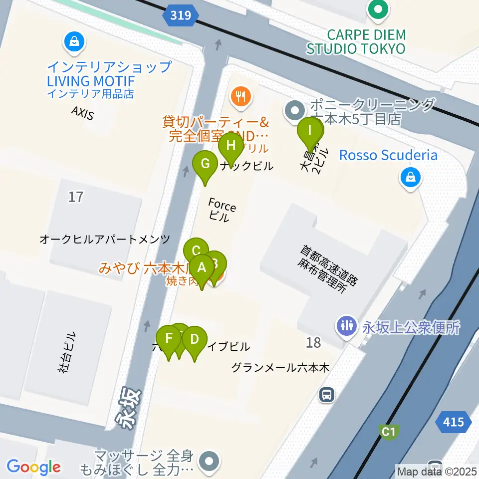 六本木ホオキパスクエア周辺のファミレス・ファーストフード一覧地図