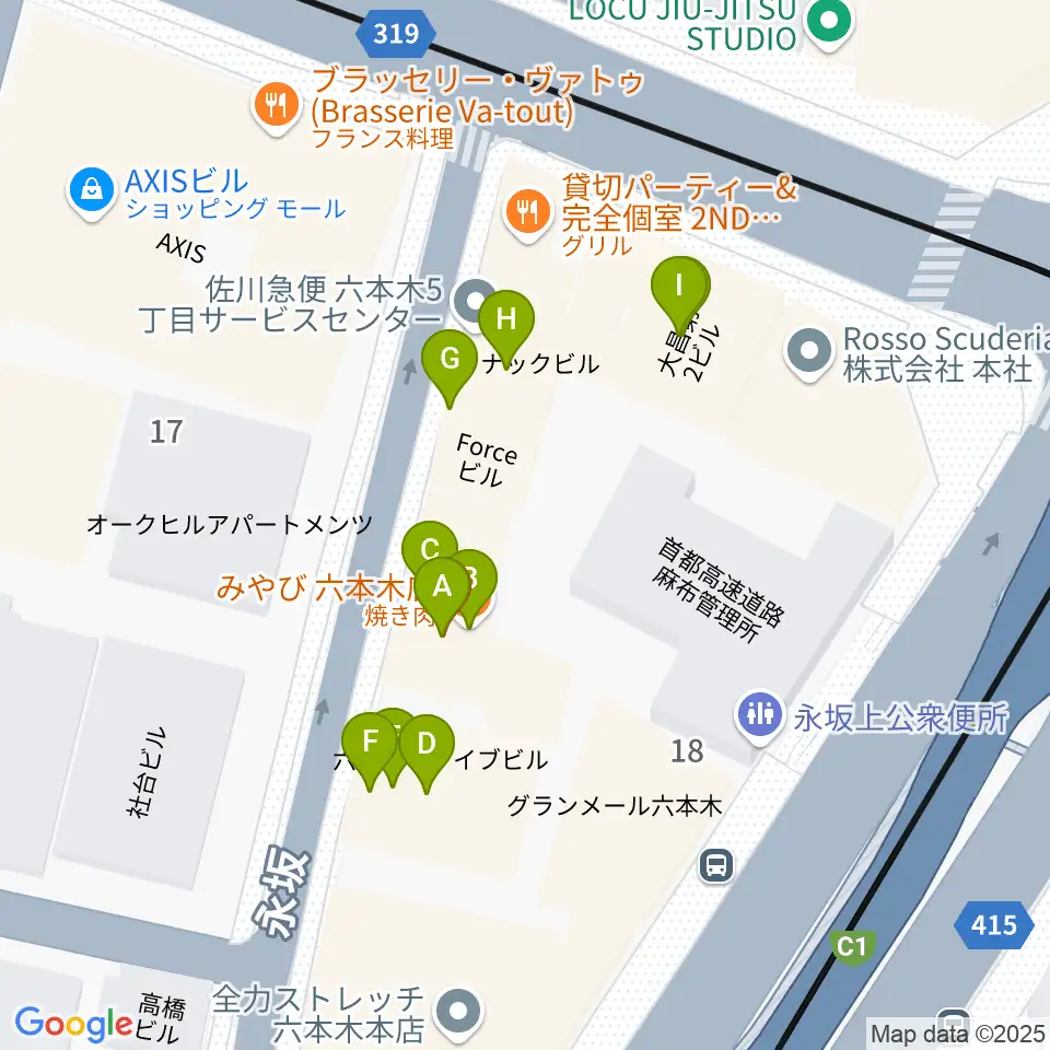 六本木ホオキパスクエア周辺のファミレス・ファーストフード一覧地図