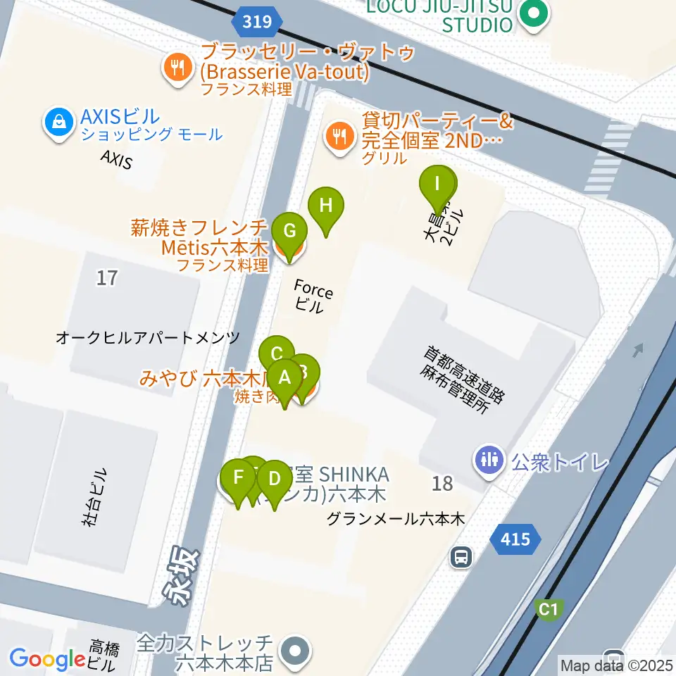 六本木ホオキパスクエア周辺のファミレス・ファーストフード一覧地図