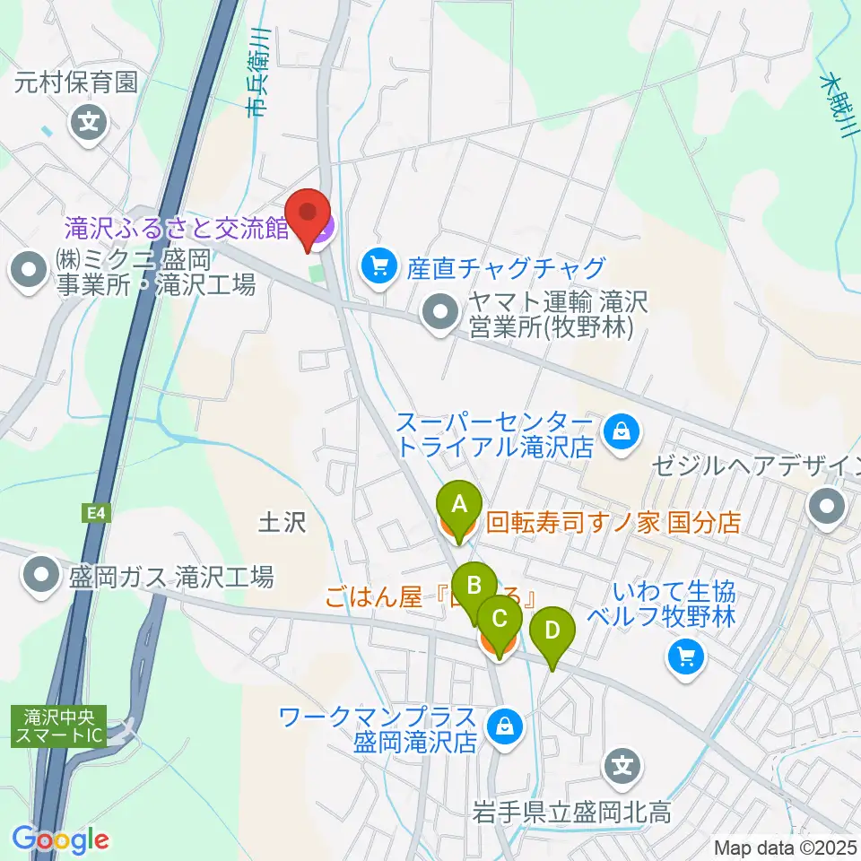 滝沢ふるさと交流館周辺のファミレス・ファーストフード一覧地図