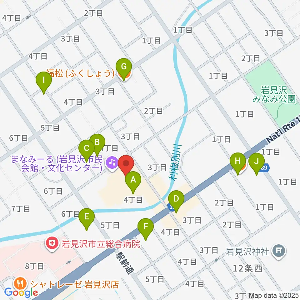 まなみーる 岩見沢市民会館・文化センター周辺のファミレス・ファーストフード一覧地図