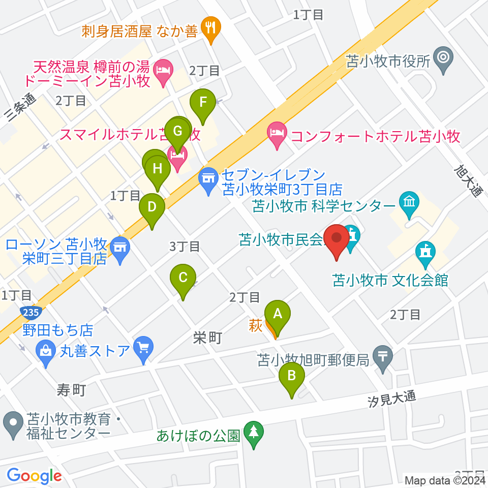 苫小牧市民会館周辺のファミレス・ファーストフード一覧地図