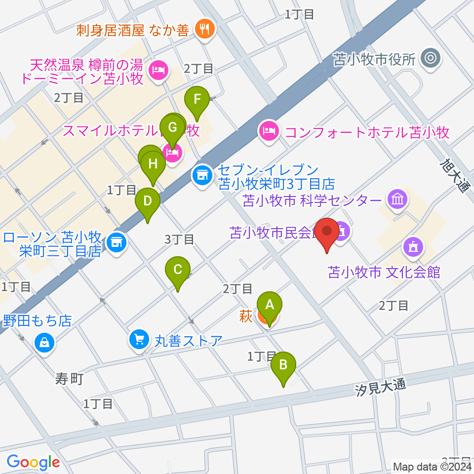 苫小牧市民会館周辺のファミレス・ファーストフード一覧地図