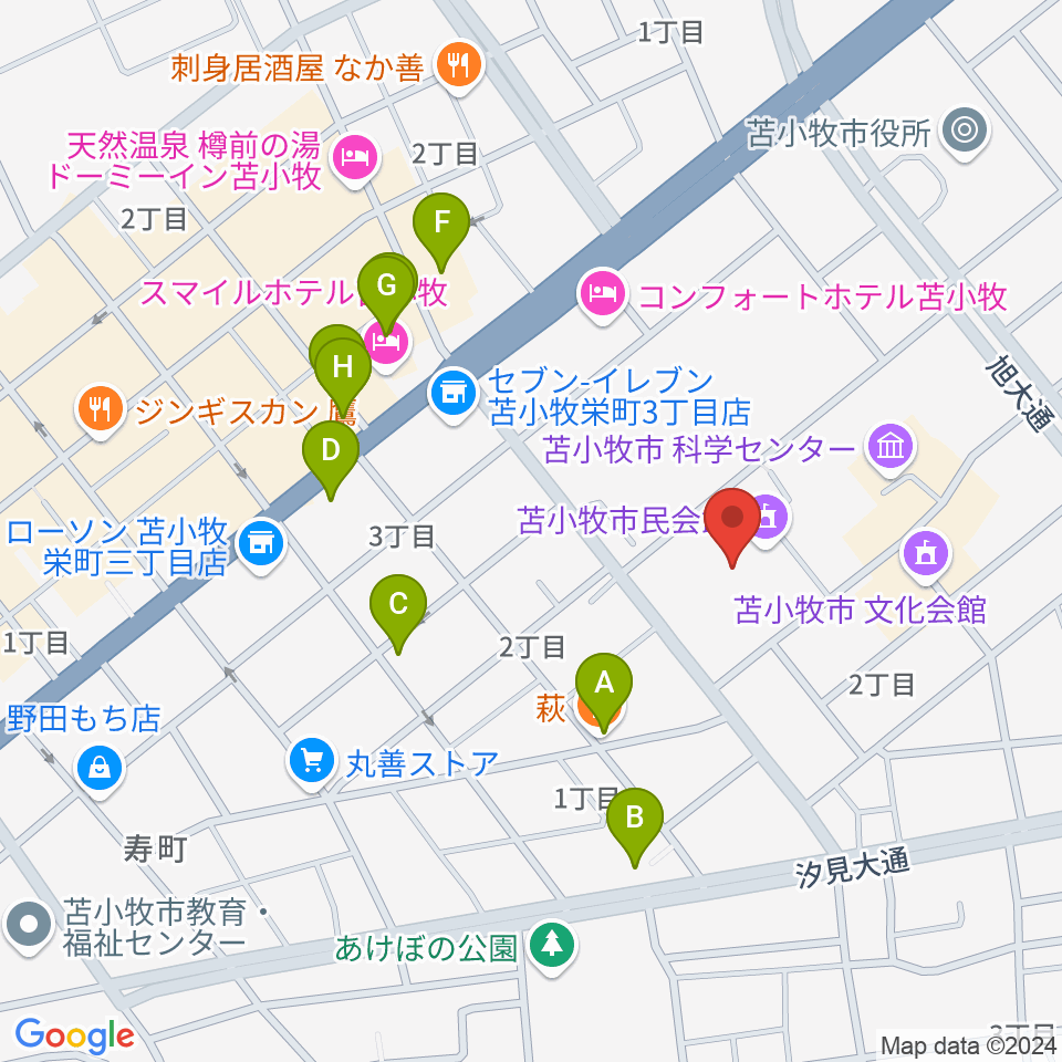 苫小牧市民会館周辺のファミレス・ファーストフード一覧地図