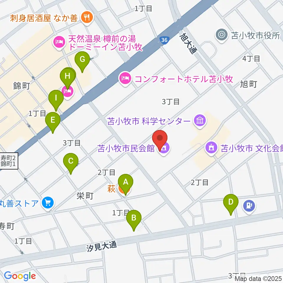 苫小牧市民会館周辺のファミレス・ファーストフード一覧地図