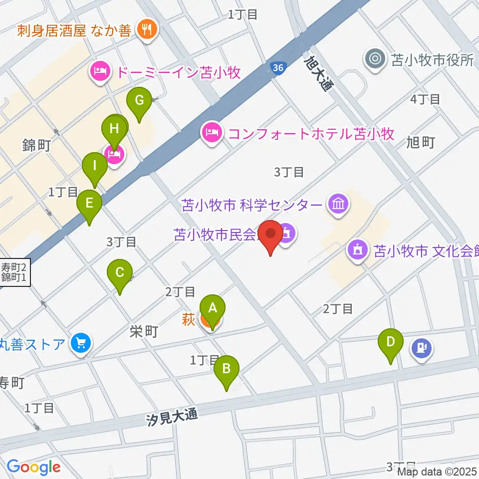 苫小牧市民会館周辺のファミレス・ファーストフード一覧地図