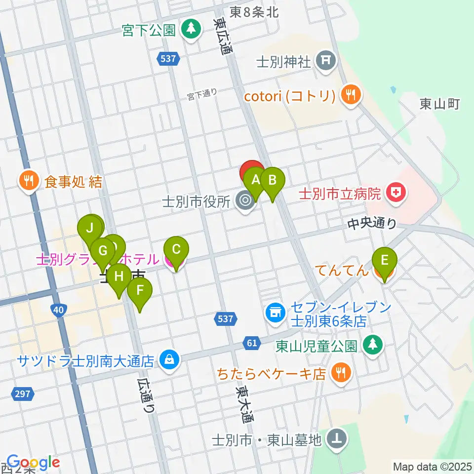 士別市民文化センター周辺のファミレス・ファーストフード一覧地図