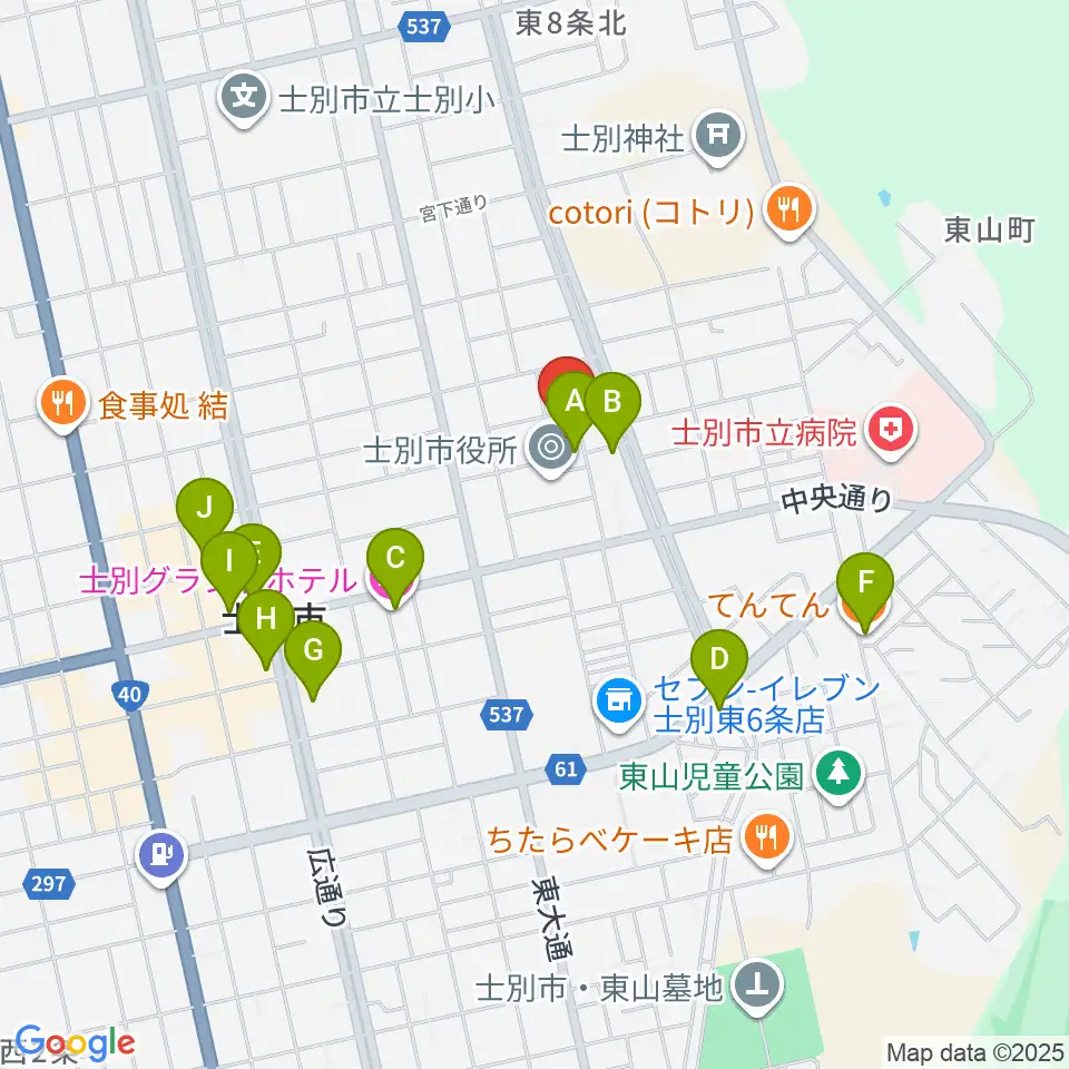 士別市民文化センター周辺のファミレス・ファーストフード一覧地図