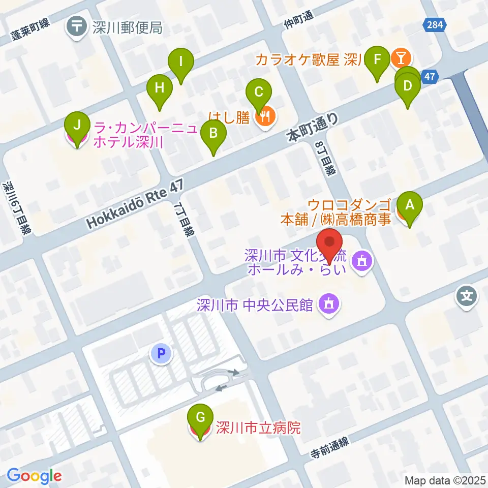 深川市文化交流ホールみ・らい周辺のファミレス・ファーストフード一覧地図