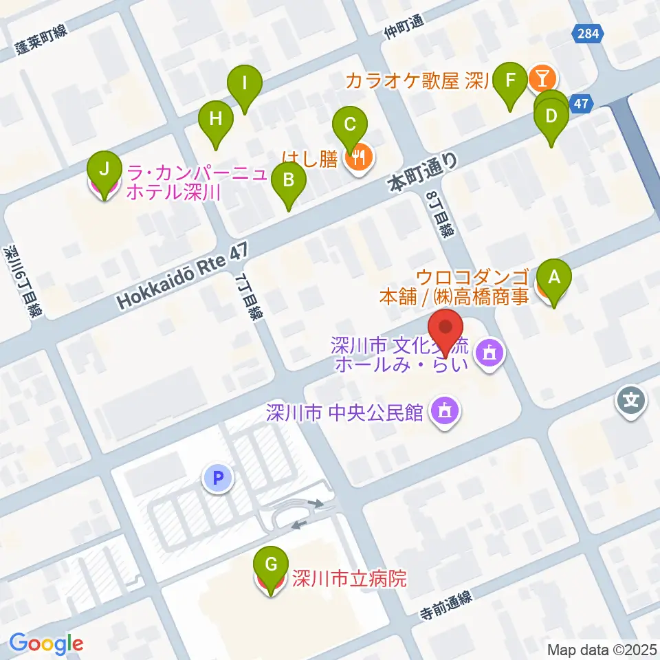 深川市文化交流ホールみ・らい周辺のファミレス・ファーストフード一覧地図